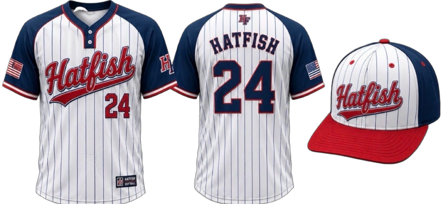Hatfish home jersey and cap — white pinstripes, navy sleeves, red script